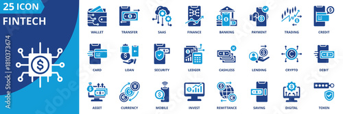 fintech icon set collection in solid glyph dual color style. pack contain payment, wallet, crypto, transfer, mobile, banking, token, ledger, invest, credit icon