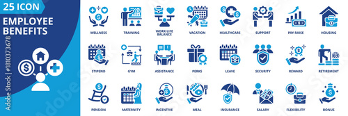 employee benefits icon set collection in solid glyph dual color style. pack contain healthcare, insurance, bonus, retirement, wellness, leave, vacation, pension, reward, flexibility icon