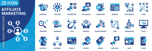 affiliate marketing icon set collection in solid glyph dual color style. pack contain affiliate, marketing, commission, referral, partner, promotion, earnings, traffic, link, discount icon