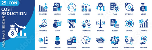 cost reduction icon set collection in solid glyph dual color style. pack contain savings, efficiency, cut, reduce, optimize, lower, minimize, control, budget, slash icon