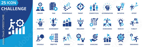 challenge icon set collection in solid glyph dual color style. pack contain challenge, goal, mission, task, target, objective, competition, test, pursuit, resilience icon