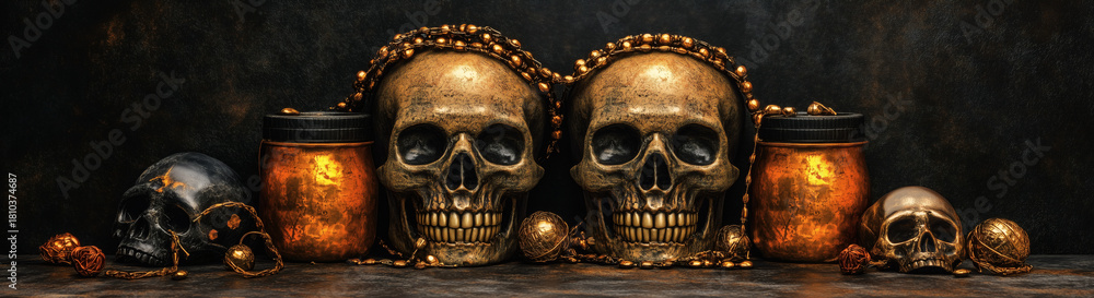 Naklejka premium Golden Skulls and Dark Metallic Ornaments in Gothic Still Life