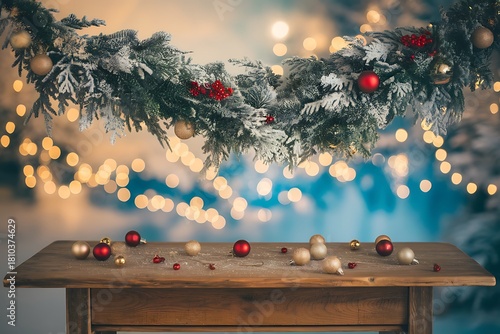 Elegant Christmas Holiday Decoration with Garland, Ornaments, and Soft Bokeh Background, creating a festive Atmosphere.