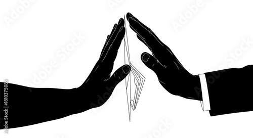 Two silhouetted hands reaching towards a delicate, intricate object, possibly a crown or origami, against a stark white background, symbolizing connection or exchange.