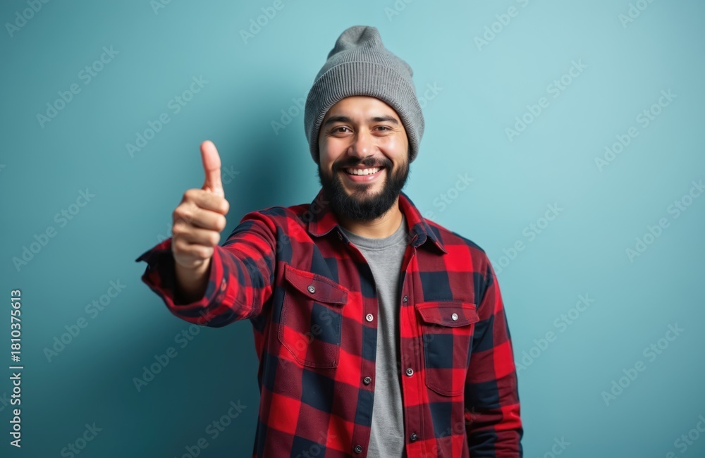 Naklejka premium Happy man with beard, mustache wears grey beanie hat, red plaid flannel shirt. Smiles, gives thumbs up gesture, looks confident, positive. Guy shows agreement, success, satisfaction, approval. Adult