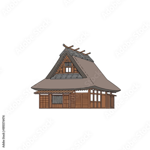 A captivating illustration of a traditional Japanese house with thatched roof