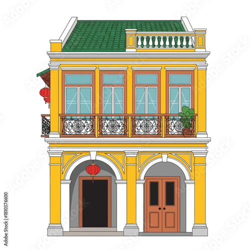 Chino-Portuguese architectural building featuring a yellow facade and red lanterns