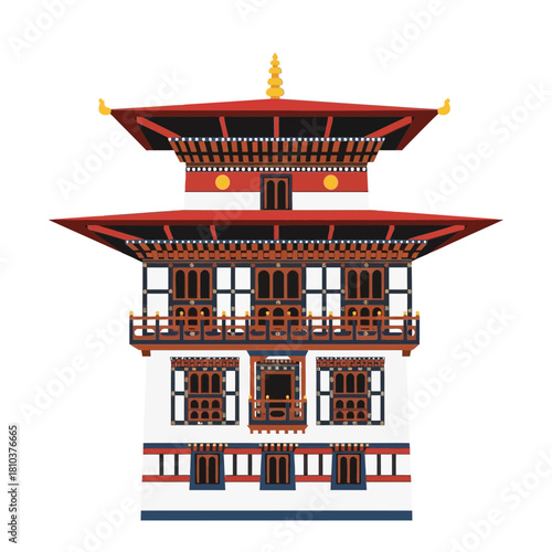 Detailed Vector Illustration of a Traditional Bhutanese Dzong Building