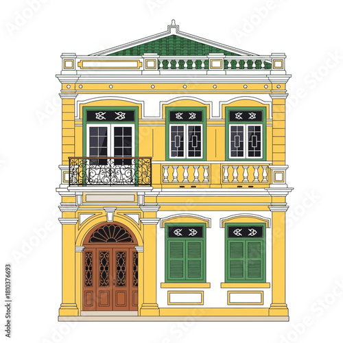 Detailed vector illustration of a two-story Sino-Portuguese building facade