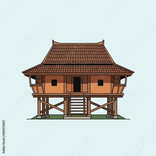 Illustration of a traditional Indonesian house on stilts with tile roof
