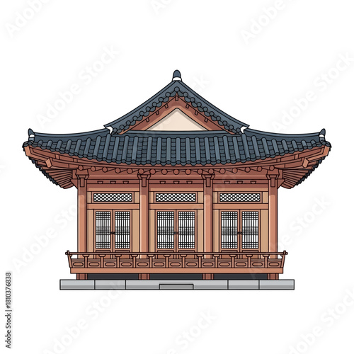 Illustration of a traditional Korean pavilion with detailed roof tiling