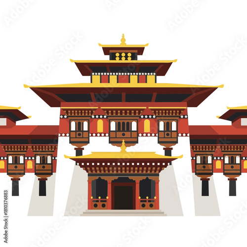 Illustrative Depiction of Traditional Bhutanese Architecture on White Background