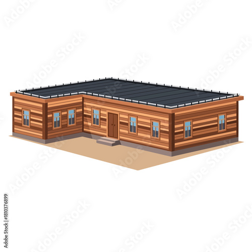 Illustrative rendition of a wooden cabin with a flat roof and tidy windows