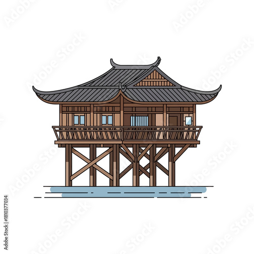 Stylized depiction of a stilt house design with artistic interpretation