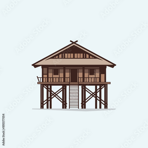 Stylized illustration of a stilt house, showcasing traditional architectural design