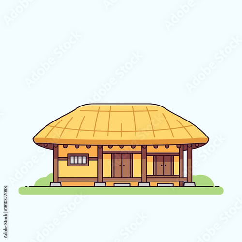 Stylized Illustration of a Traditional Korean House with Thatched Roof