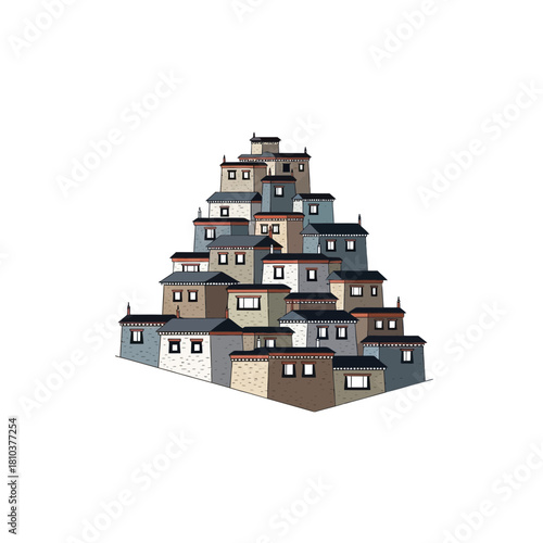 Unique stacked house illustration with vibrant colors on a white backdrop