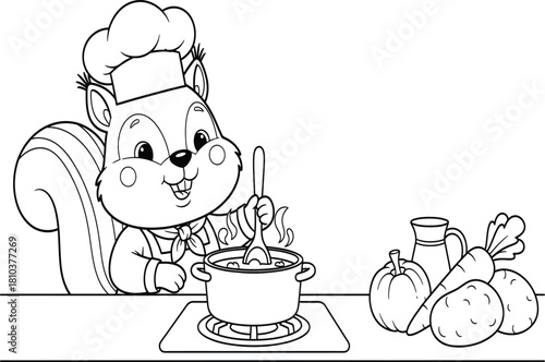 Cartoon squirrel chef cooking in a pot with vegetables stove