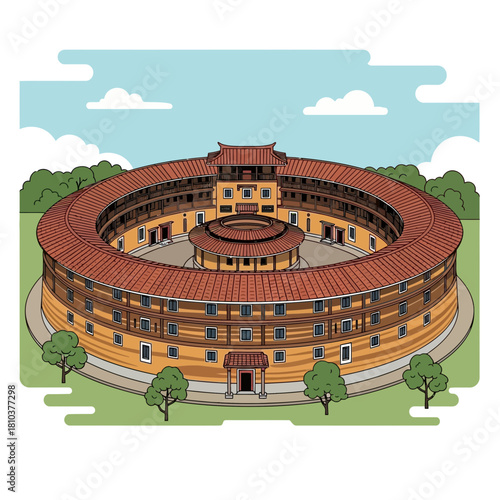 Charming Tulou Illustration: A Unique Circular Earthen Building Design