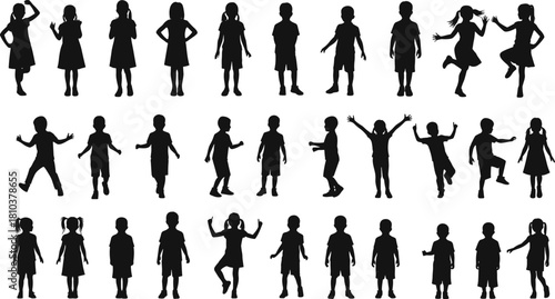 Children silhouette collection featuring boys and girls in standing, walking, dancing, playing, active poses, vector illustration set for design
