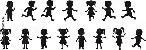Children silhouette collection featuring boys and girls running, walking, standing, playing, cute kid poses, active youth vector illustration set