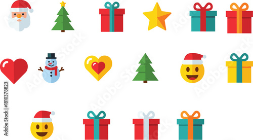 Flat Christmas icon collection featuring Santa, snowman, Christmas trees, gift boxes, stars, hearts, emoji faces, festive holiday elements