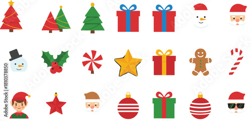 Flat Christmas icon set featuring trees, gift boxes, Santa faces, snowmen, stars, holly, candy cane, gingerbread man, festive illustration pack
