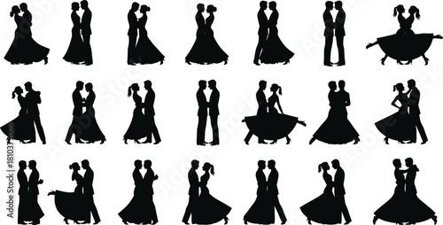 Romantic dancing couple silhouettes collection featuring ballroom poses, elegant dancers, partner dance movements, wedding waltz, tango, love illustration set