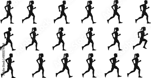 Running silhouette collection featuring men and women jogging, fitness exercise poses, athletic movement sequence, sports activity vector illustration set