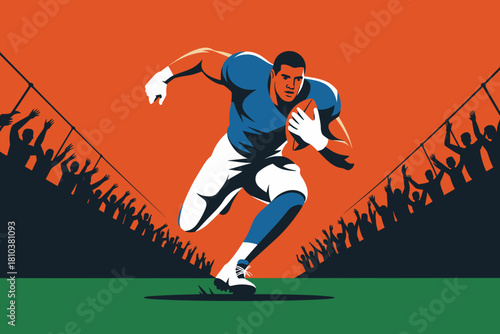 Dynamic Rugby Player Sprinting Towards the Try Line with Energetic Crowd in Vibrant Colors