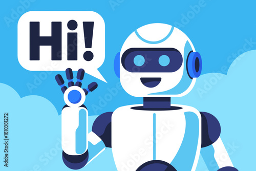 Friendly Robot Waving Hello Against a Bright Blue Sky with Soft White Clouds