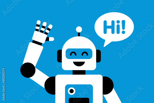 Friendly Robot Waving Hello with a Cheerful Expression Against a Bright Blue Background