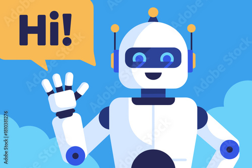 Friendly Robot Waving Hello Against a Bright Blue Sky with Soft White Clouds