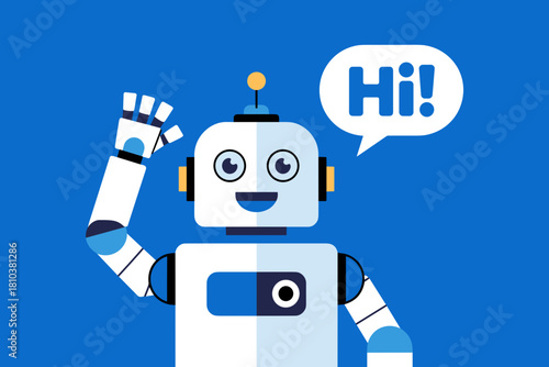 Friendly Robot Waving Hello with a Cheerful Expression Against a Bright Blue Background