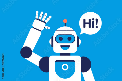 Friendly Robot Waving Hello with a Cheerful Expression Against a Bright Blue Background