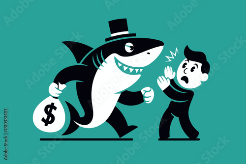 Cartoon Depiction of a Fearful Businessman Facing a Relentless Loan Shark in a Bold, Eye-Catching Illustration