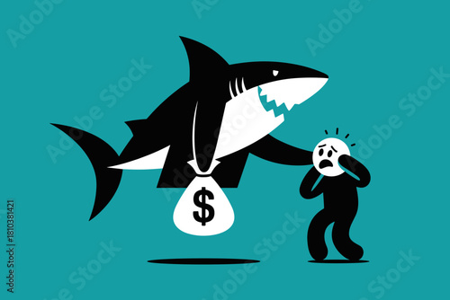 Overwhelmed Individual Confronted by Predatory Shark with Money Bag in Bold Turquoise Background