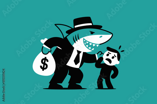 Overwhelmed Individual Confronted by Predatory Shark with Money Bag in Bold Turquoise Background