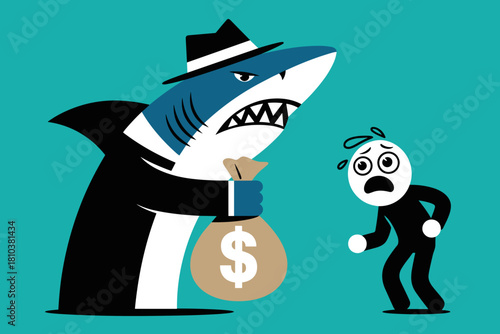 Overwhelmed Individual Confronted by Predatory Shark with Money Bag in Bold Turquoise Background