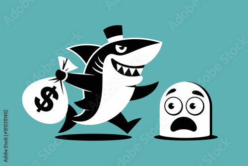 Cartoon Depiction of a Fearful Businessman Facing a Relentless Loan Shark in a Bold, Eye-Catching Illustration