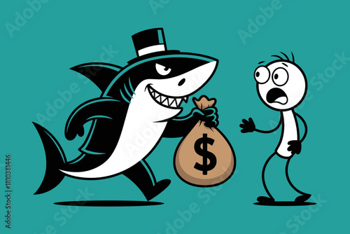 Cartoon Depiction of a Fearful Businessman Facing a Relentless Loan Shark in a Bold, Eye-Catching Illustration