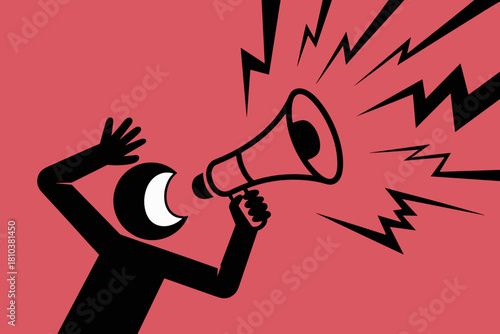 Dynamic Protestor Shouting Through Megaphone with Vibrant Pink Background and Bold Graphic Elements