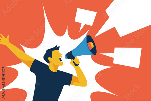 Dynamic Cartoon Character Shouting into a Megaphone with Vibrant Dialogue Bubbles in Bold Orange Background