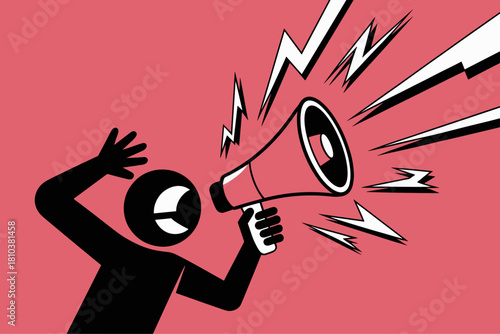 Dynamic Protestor Shouting Through Megaphone with Vibrant Pink Background and Bold Graphic Elements
