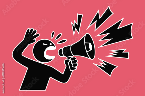 Dynamic Protestor Shouting Through Megaphone with Vibrant Pink Background and Bold Graphic Elements