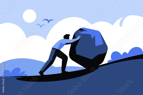 Determined Man Struggling to Push a Heavy Boulder Uphill Against a Tranquil Sky