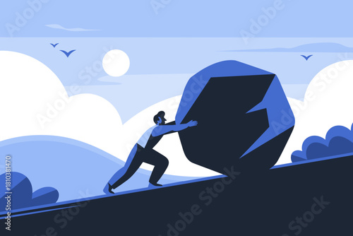 Determined Figure Overcoming Obstacles with a Large Boulder Toward the Summit under a Clear Blue Sky
