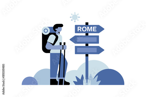 Adventurous Hiker at a Signpost Indicating Rome Under a Bright Sun in Cool Blue Hues