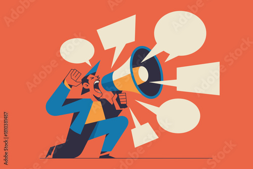 Dynamic Cartoon Character Shouting into a Megaphone with Vibrant Dialogue Bubbles in Bold Orange Background
