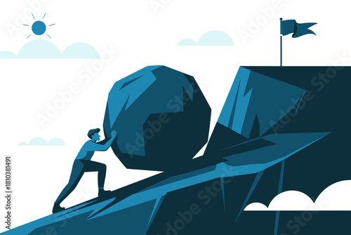 Determined Figure Overcoming Obstacles with a Large Boulder Toward the Summit under a Clear Blue Sky